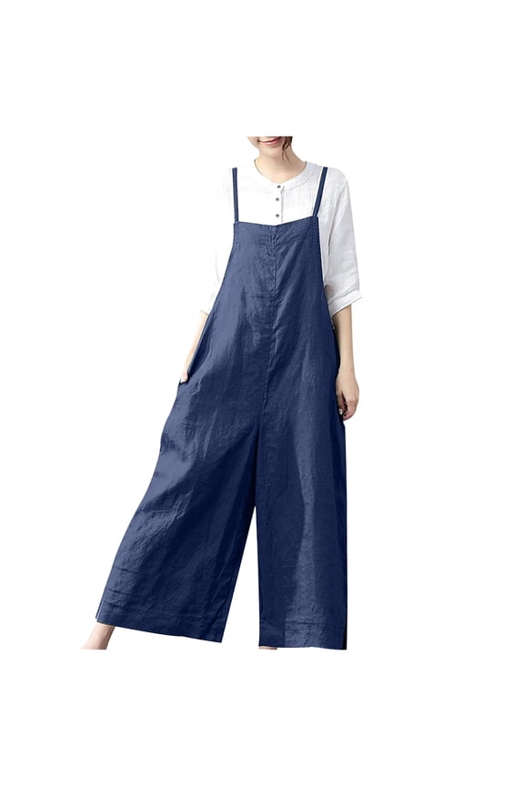 Womens Plus Size Strap Overalls Cotton Linen Spaghetti Straps Bodysuit Baggy Wide Leg Casual Rompers