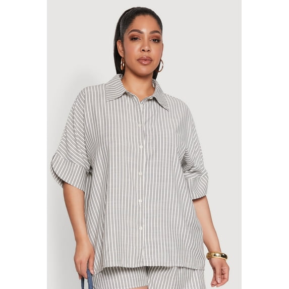 Womens Plus Size Striped Button Front Shirt