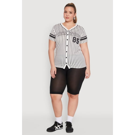 Womens Plus Size Striped New York Print Jersey Mesh Tee