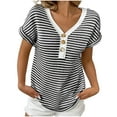 thumbnail image 1 of Womens Plus Size Striped T Shirts Short Sleeve V Neck Tops for Women Loose Fit Summer Fashion Knit Casual Tee (Black XL), 1 of 6