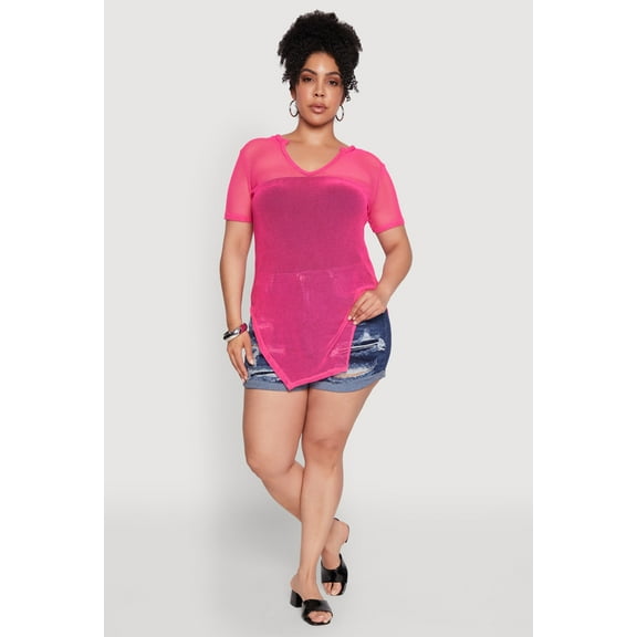 Womens Plus Size Stylish Fishnet Hanky Hem Blouse