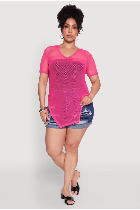 Womens Plus Size Stylish Fishnet Hanky Hem Blouse