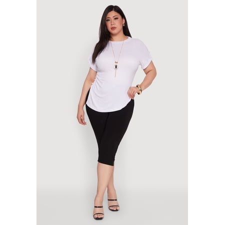 Womens Plus Size Stylish Ribbed Knit Top with Asymmetrical Design and Necklace