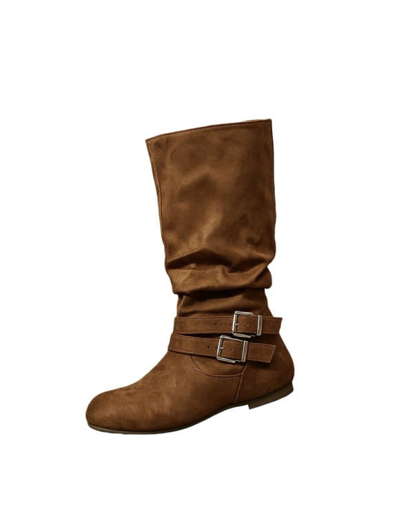 Womens Plus Size Suede Casual Long Boots Side Zipper Mid Calf Slouch Boot with Double Buckle Strap Low Flat Sole