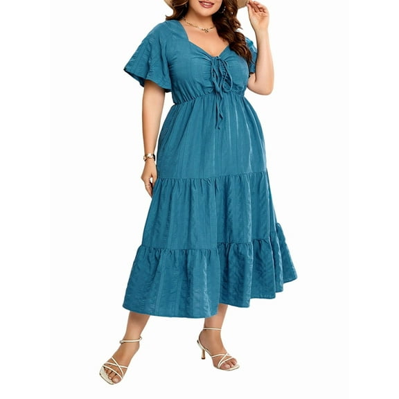 Womens Plus Size Summer 2025 Midi Maxi Dresses Short Sleeve Sweetheart Neck Elastic Waist Boho Beach Dress Blue 4XL