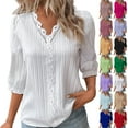 thumbnail image 1 of Womens Plus Size Summer Blouse Lace V Neck Elegant 3/4 Sleeve Solid Color Fashion Top, 1 of 5