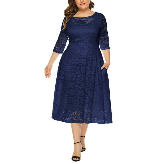 Womens Plus Size Summer Dress Womens Floral Lace Plus Size Midi Dress ...