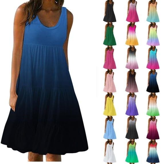 Womens Plus Size Summer Dresses Fashion Holiday Summer Round Neck Gradient Print Sleeveless Party Beach Dress Long Summer Dresses for Women 2024