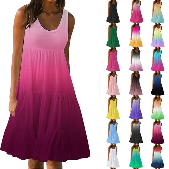 Womens Plus Size Summer Dresses Fashion Holiday Summer Round Neck Gradient Print Sleeveless Party Beach Dress Long Summer Dresses for Women 2024