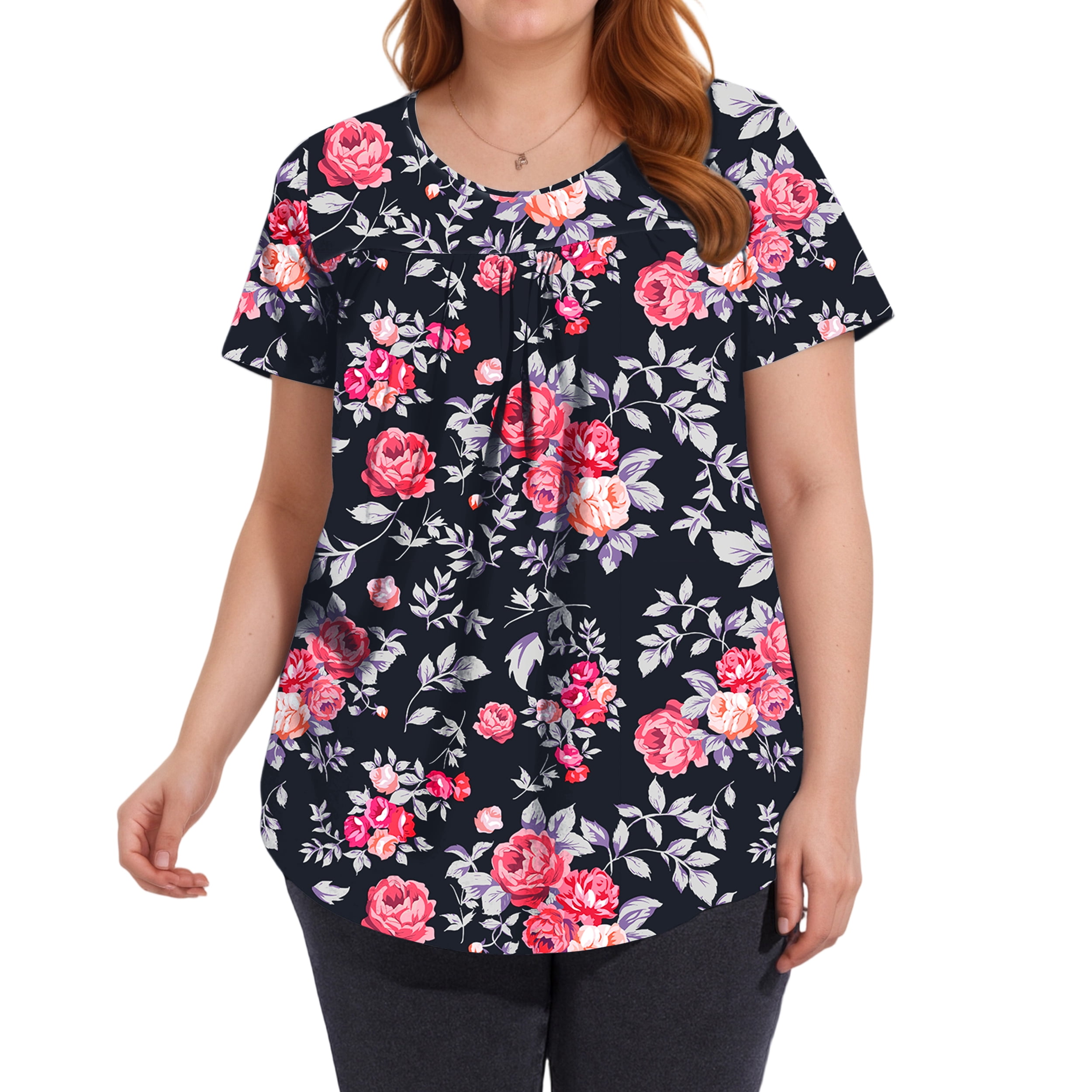 Womens Plus Size Summer Floral Tunic Tops Dressy Casual Blouses Short ...