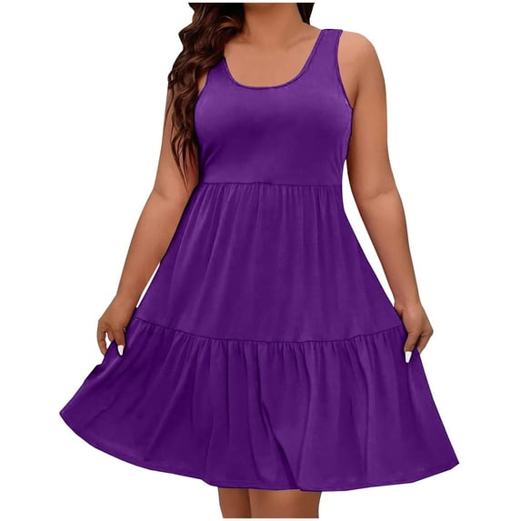 Womens Plus Size Summer Sundress Sleeveless Tiered Tank Dresses Casual High Waist Dress Curvy Women Outfits Purple, XL