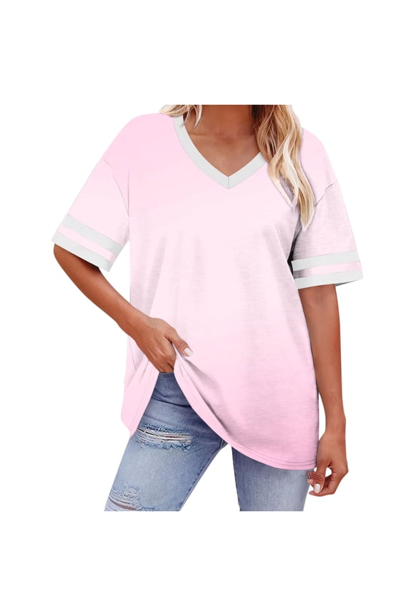 Womens Plus Size Summer T Shirt Fashion Loose Fit Casual Short Sleeve Gradient Color Block Top Basic Oversized V Neck Tees