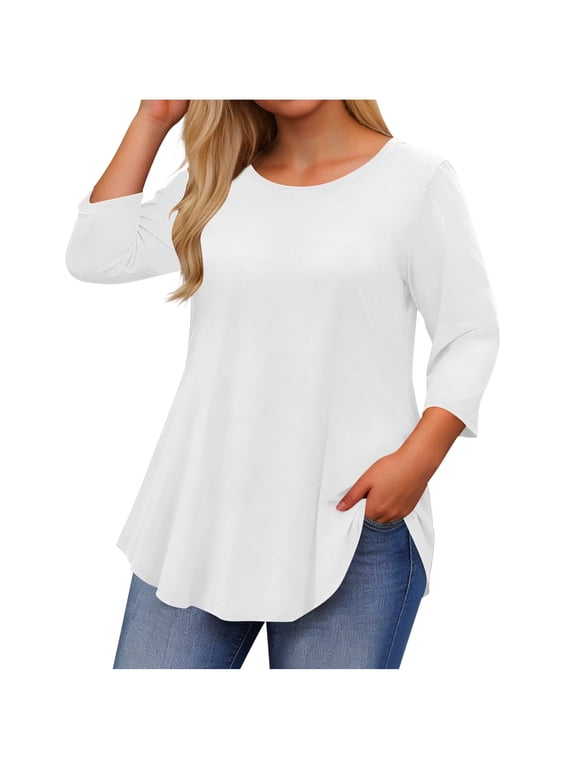Womens Plus Size Summer Top, 3/4 Sleeve Shirts for Women Summer Casual Solid Color Flowy Swing Crewneck Tunic Tops