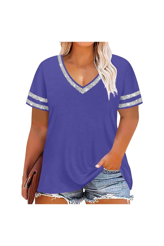 Womens Plus Size Summer Tops, 3/4 Sleeve Shirts for Women Oversized Casual Shiny Solid Color V Neck T-Shirts Sparkly Top Mothers Day Gifts
