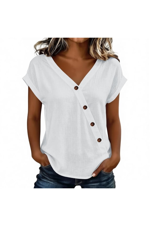Womens Plus Size Summer Tops, Cap Short Sleeve Shirts for Women Casual Lightweight Cotton Linen V Neck Dressy Blouses with Oblique Buttons Mothers Gifts