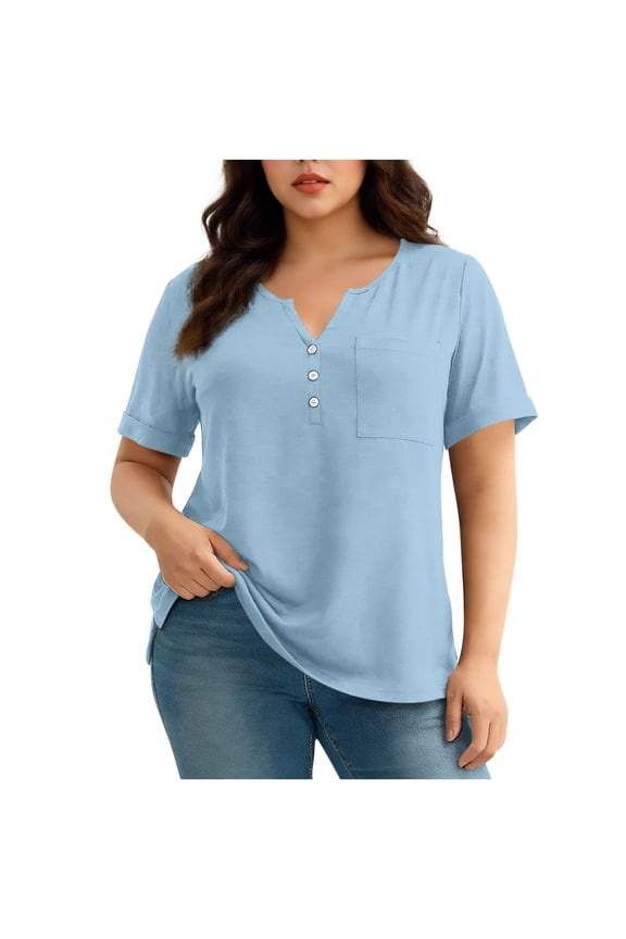 Womens Plus Size Summer Tops Henley V Neck T Shirt Short Sleeve Soft Casual Plain Tshirts with Chest Pocket (2XL, Light Blue)