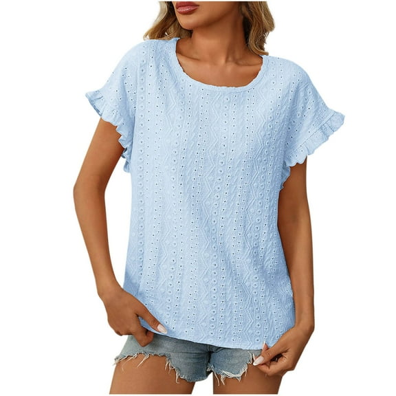 Womens-Plus-Size-Summer-Tops Ruffle Short Sleeve T Shirts Crewneck Eyelet Tunics Casual Loose Tee