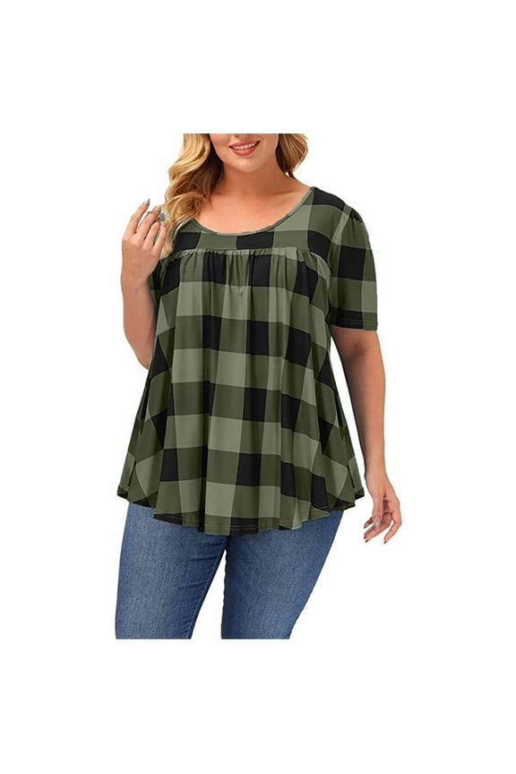 Womens Plus Size Summer Tops Short Sleeve Loose Casual Flowy Swing Tunic Blouse Pleated Crew Neck T Shirts