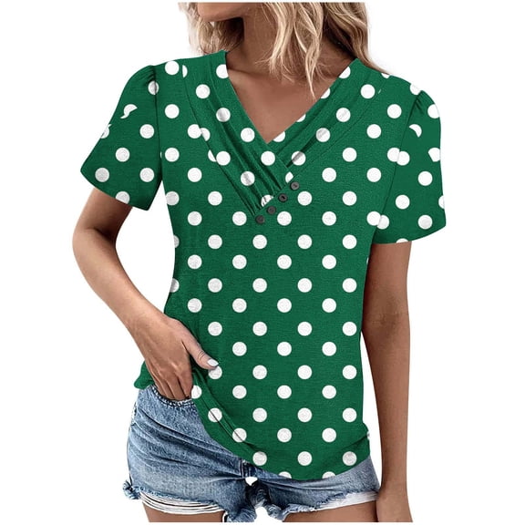Womens Plus Size Summer Tops, Short Sleeve Shirts for Women Fashion Loose Fit Dots Printed V Neck Dressy Blouses with Buttons