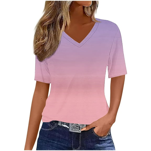 Womens Plus Size Summer Tops, Short Sleeve Shirts for Women Fashion Loose Fit Ombre Tie Dye V Neck T-Shirts