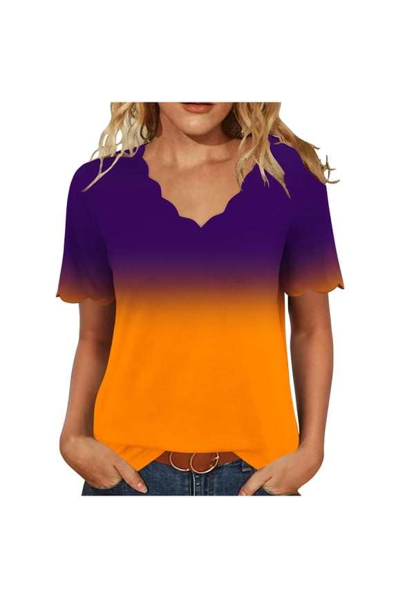 Womens Plus Size Summer Tops, Short Sleeve Shirts for Women Fashion Loose Fit Ombre Tie Dye Wave V Neck T-Shirts Mothers Gifts