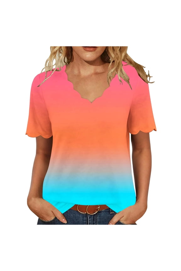 Womens Plus Size Summer Tops, Short Sleeve Shirts for Women Fashion Loose Fit Ombre Tie Dye Wave V Neck T-Shirts Mothers Gifts