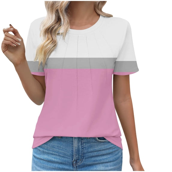 Womens Plus Size Summer Tops, Short Sleeve Shirts for Women Fashion Pleated Color Patchwork Crewneck T-Shirts