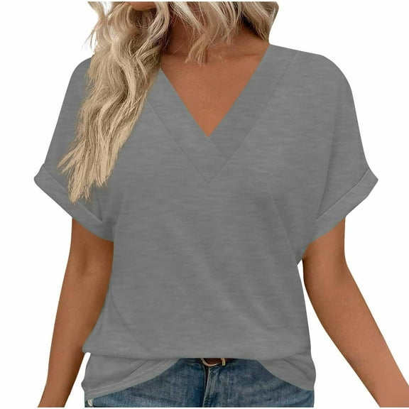 Womens Plus Size Summer Tunic Tops Dolman Short Sleeve Shirts for Women Casual Solid Color Loose V Neck Tshirts (Gray M)