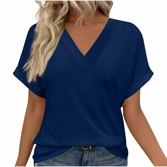 Womens Plus Size Summer Tunic Tops Dolman Short Sleeve Shirts for Women Casual Solid Color Loose V Neck Tshirts (Navy 2XL)