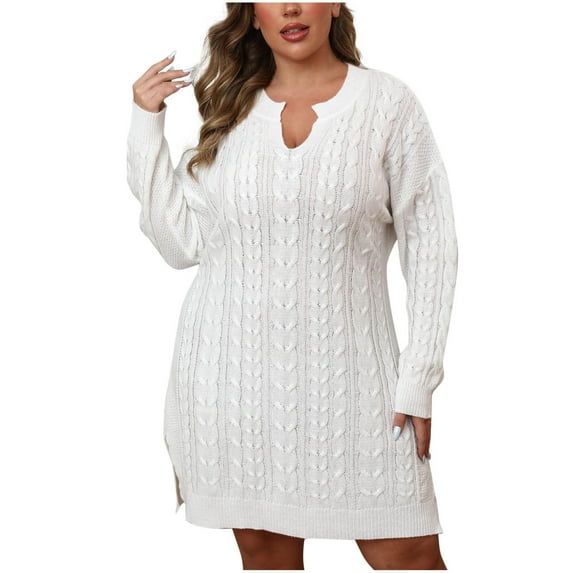 Womens Plus Size Sweater Dress V Neck Long Sleeve Ribbed Knit Skirt Winter Loose Casual Pullover Short Dresses