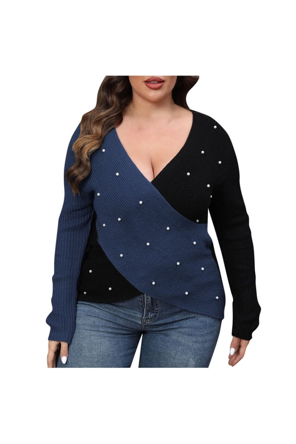 Womens Plus Size Sweaters Casual Deep V Neck Long Sleeve Color Block Cross Wrap Pullover Sweatshirts Drop Shoulder Sweater Top (3XL, Blue)