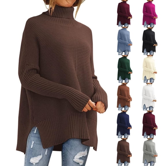 Womens Plus Size Sweaters Long Sleeve Crew Neck Split Hem Casual Oversized Ribbed Knit Tunic Pullover Tops Coffee 2XL