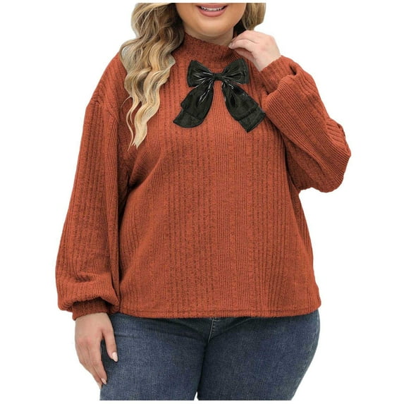 Womens Plus Size Sweaters Long Sleeve High Neck Bow Tie Front Splicing Oversized Tunic Tops