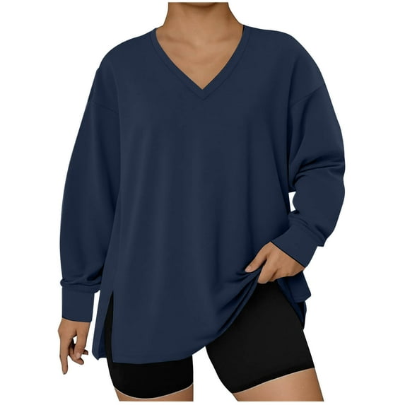 Womens Plus Size Sweatshirt L-5X Loose Fit Casual V Neck Plain Pullover Side Split Hem Long Sleeve Fall Tops (2XL, Navy)