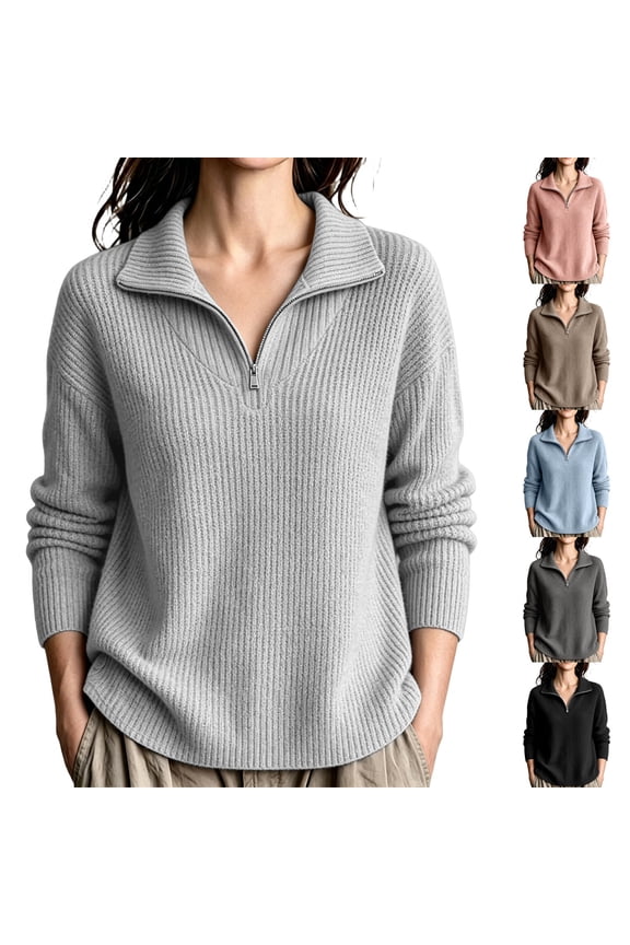 Womens Plus Size Sweatshirt Ribbed Half-Zip Sweater Long Sleeve Pullover with Fold-Down Collar