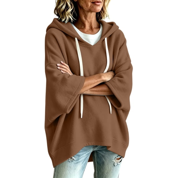 Women Plus Size Sweatshirts Fall Winter Fashion Casual Oversized Pullover Hooded Drawstring Long Sleeve Tops (L, Coffee)