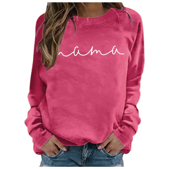 Womens Plus Size Sweatshirts Fashion Mama Embroidered Printed Crew Neck Long Sleeve Tops Fall Winter Cozy Relaxed Fit Pullover Blouses