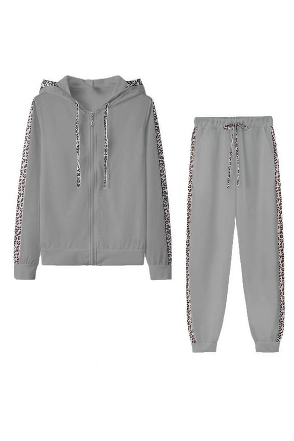 Womens Plus Size Sweatsuits Sets S-5X Zip-Up Hoodie Long Sleeve Sweatshirts Jackets Joggers Pants 2 Piece Leopard Printed Tracksuits Outfits Clearance