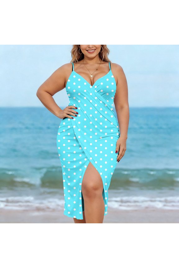 Womens Plus Size Swimsuit High Waisted Swim Cover Ups Polka Dots Spaghetti Straps Loose Fit Tie Wrap Split Swim Dress S-5XL