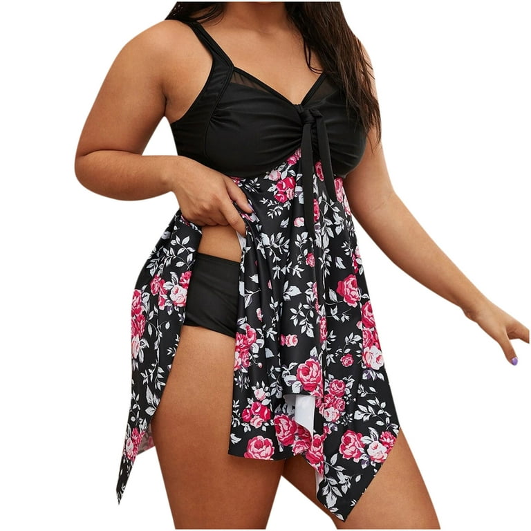 Womens Plus Size Swimsuits Tummy Control Bathing Suits One Piece Swimsuit  Flowy Swimwear Swimdress with Bottom Floral Print Swim Suit 