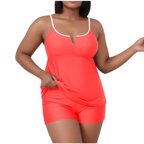 Womens Plus Size Swimwear Tankini Top with Tummy Control & Built-In Bra - Orange Ruched Swim Top XL-5XL, Quick-Dry,Size XL