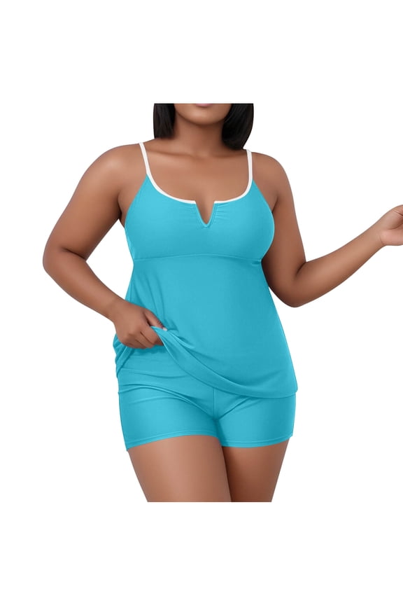 Womens Plus Size Swimwear Tankini Top with Tummy Control & Built-In Bra - Sky Blue Ruched Swim Top XL-5XL, Quick-Dry,Size XL