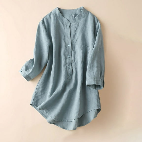 Womens Plus Size T-Shirt 3/4 Sleeve Solid Color Crew Neck Blouses with Button Causal Tunic Tops Lightweight Summer Fashion Pullover 2025