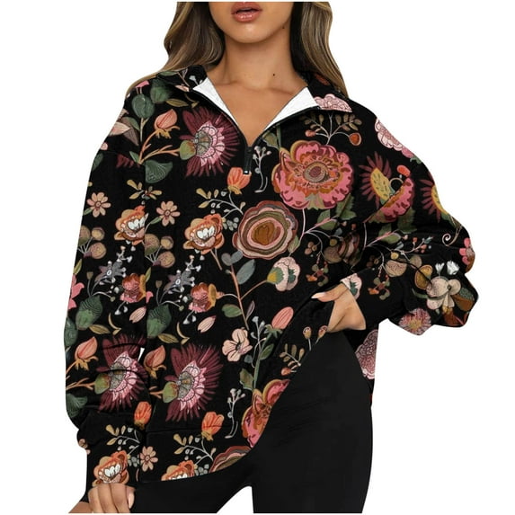 Womens Plus Size T-Shirt Half Zip Long Sleeve V Neck Trendy Floral Print Loose Fitting Casual Pullover Tee Tops,Multicolor 4,S