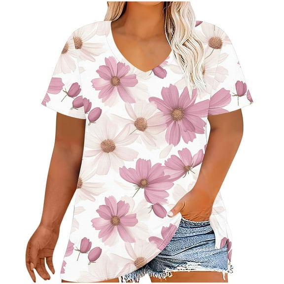 Womens Plus Size T-Shirts Casual Gradient Color Blouses Top V-Neck Fashion Retro Print Short Sleeve Shirt Summer Loose Breathable Oversized Pullover Tops Print 03 5XL