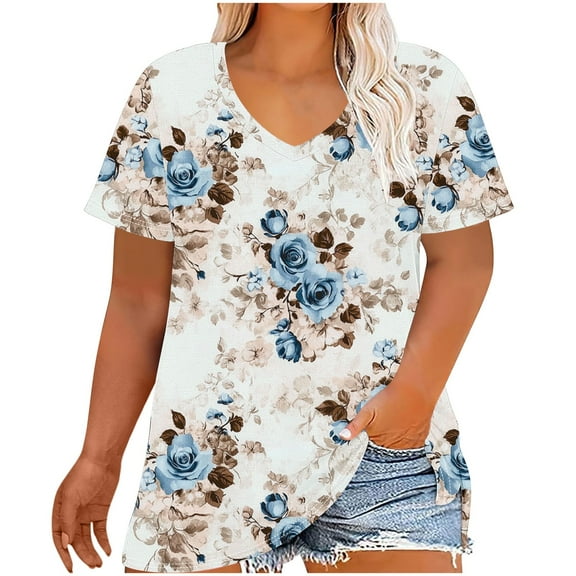 Womens Plus Size T-Shirts Casual Gradient Color Blouses Top V-Neck Fashion Retro Print Short Sleeve Shirt Summer Loose Breathable Oversized Pullover Tops Print 0 65XL