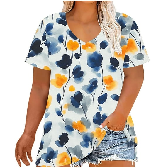 Womens Plus Size T-Shirts Casual Gradient Color Blouses Top V-Neck Fashion Retro Print Short Sleeve Shirt Summer Loose Breathable Oversized Pullover Tops Print 02 5XL