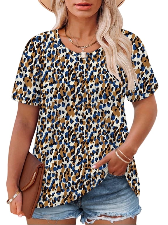 Womens Plus Size T Shirts Casual Short Sleeve Tops Oversized Pleated Blouses Cute Dressy Crew Neck Tees 3X