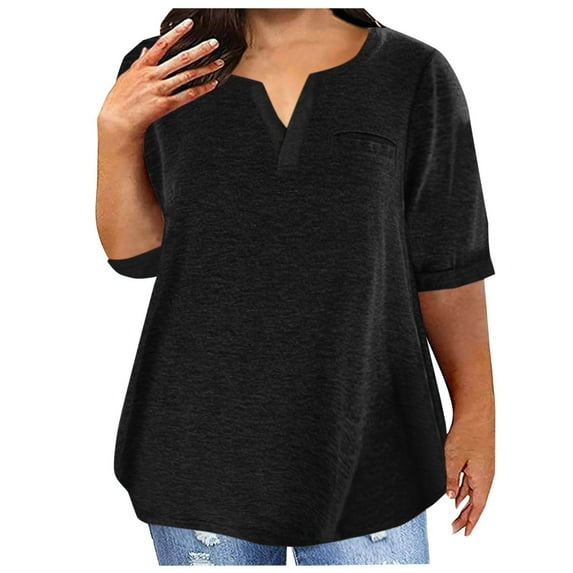 Womens Plus Size T-Shirts Cotton Half Sleeve Tops Elbow Length Tee Shirt Loose Summer Solid Color Tshirts (Black 3XL)