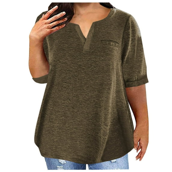 Womens Plus Size T-Shirts Cotton Half Sleeve Tops Elbow Length Tee Shirt Loose Summer Solid Color Tshirts (Coffee 4XL)
